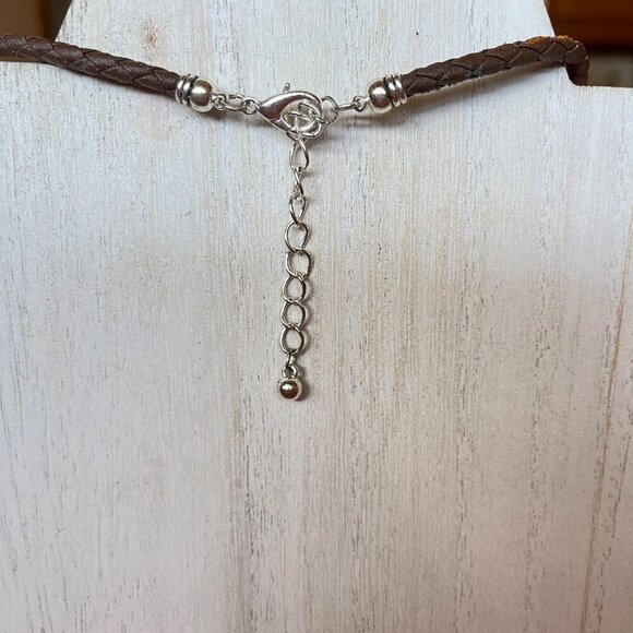 Brown Braided Necklace With Amber & Silver-Toned Pendants Adjustable Length - Picture 5 of 5